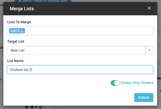SMSEdge Merge Lists dialog showing Extract Only Clickers option for creating a dedicated clickers list