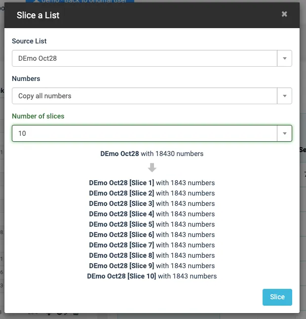 SMSEdge Slice a List dialog showing a list being split into 10 equal parts with 1843 numbers each