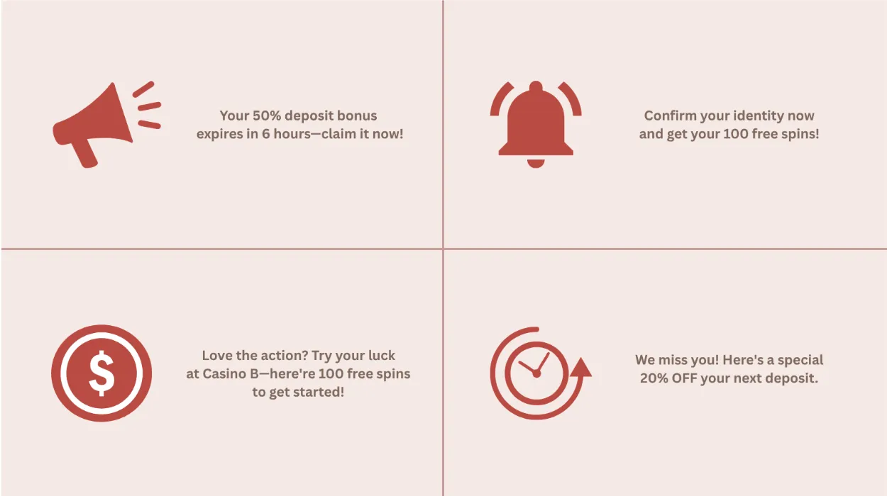 SMS campaign types infographic showing promotional, verification, cross-promotion, and re-activation campaigns